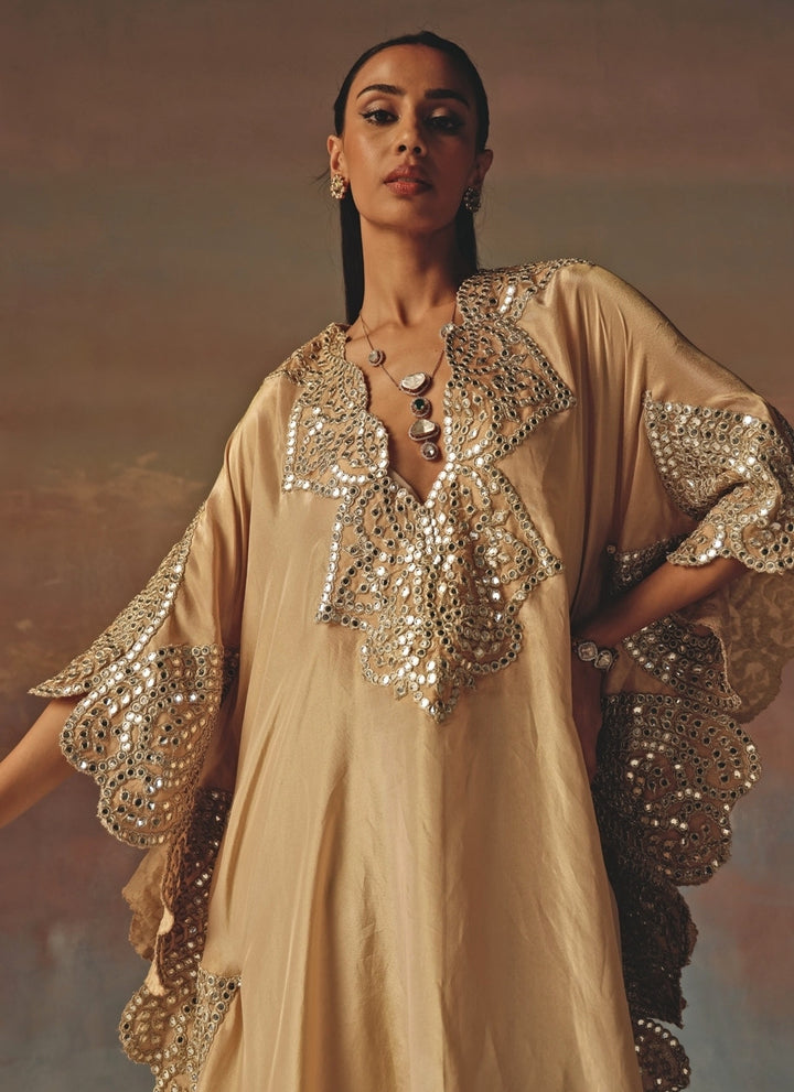 Beige Gold Tissue Organza Mirrorwork Kaftan