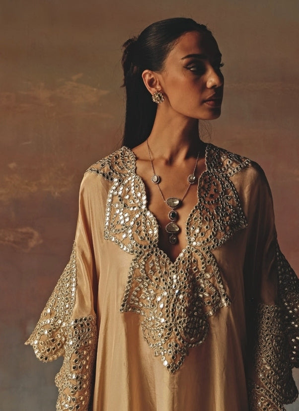 Beige Gold Tissue Organza Mirrorwork Kaftan