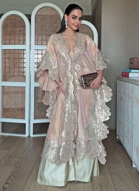 Blush Pink Tissue Organza Mirror Kaftan With Palazzo