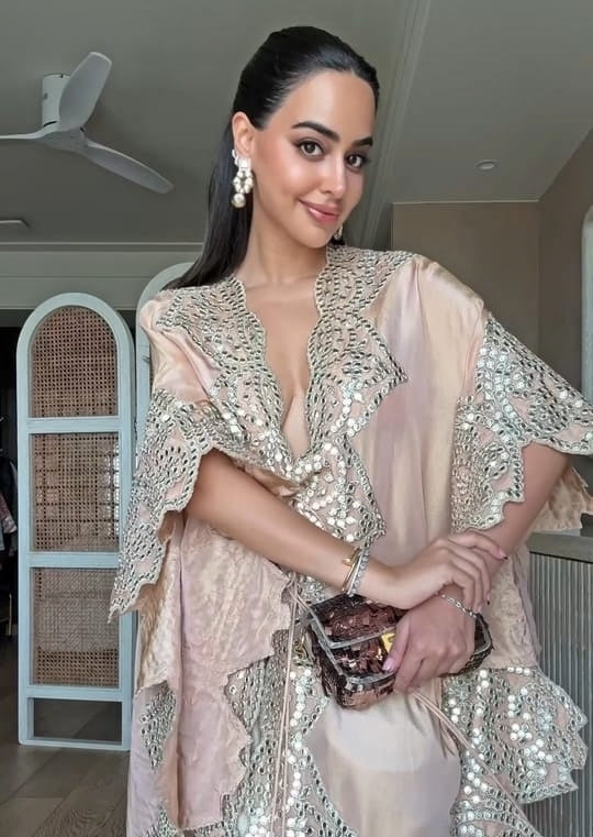 Blush Pink Tissue Organza Mirror Kaftan With Palazzo