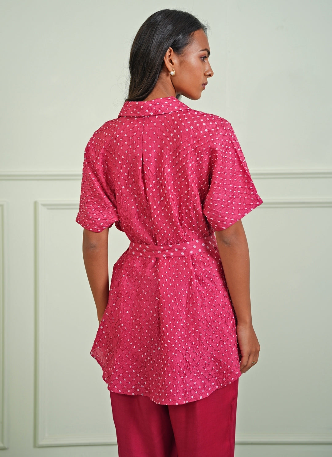 Hot Pink Bandhani Tie-Up Shirt With Pants