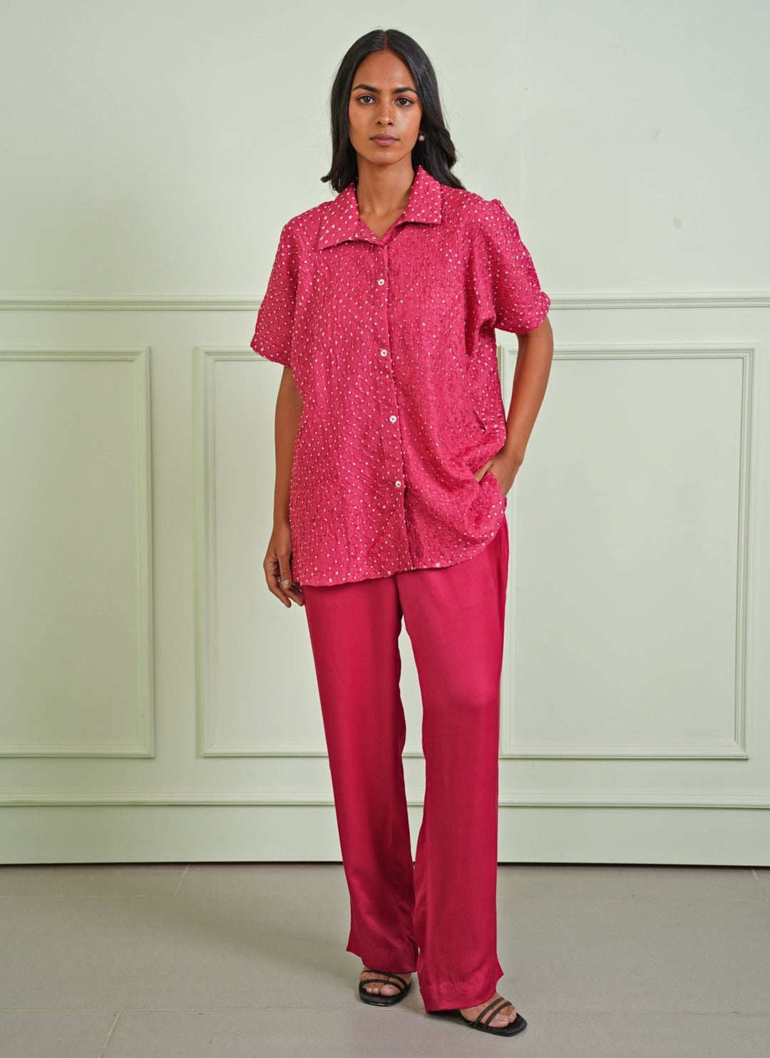 Hot Pink Bandhani Tie-Up Shirt With Pants