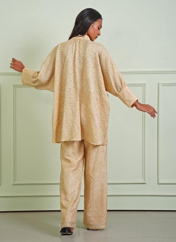 Beige Gold Bandhani Shirt With Pants