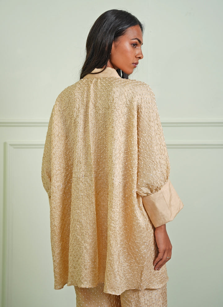 Beige Gold Bandhani Shirt With Pants