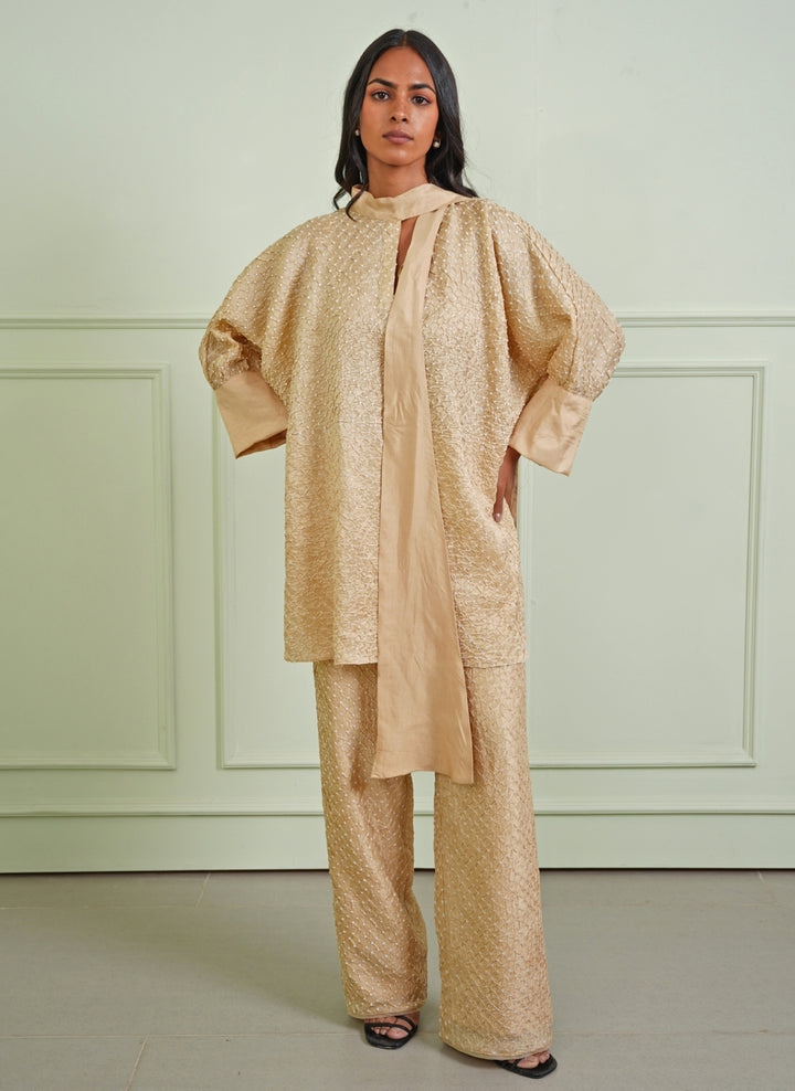 Beige Gold Bandhani Shirt With Pants