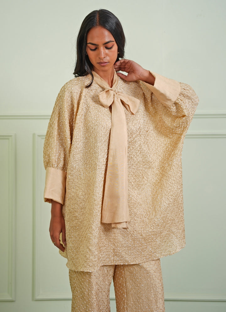 Beige Gold Bandhani Shirt With Pants
