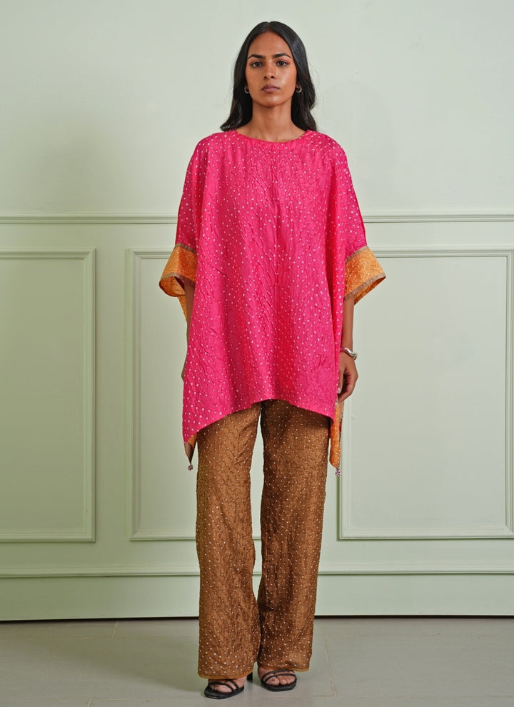 Pink And Mocha Bandhani Tunic Pants Set