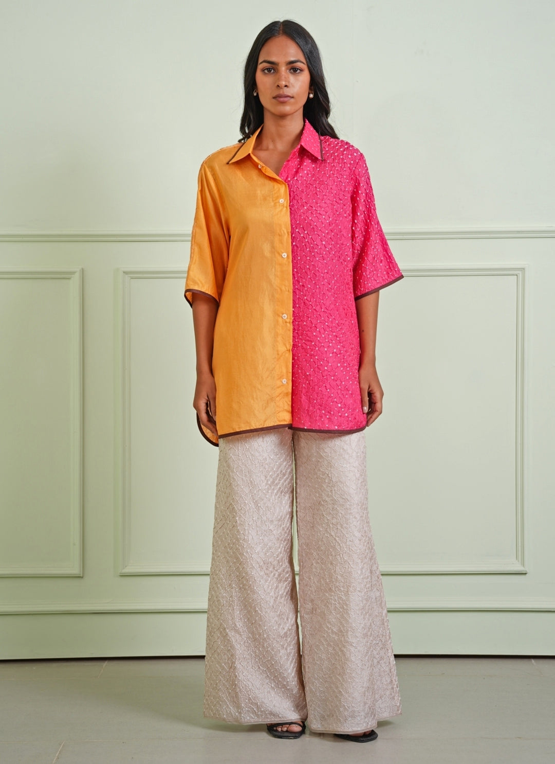 Multicolor Bandhani Shirt With Beige Pants