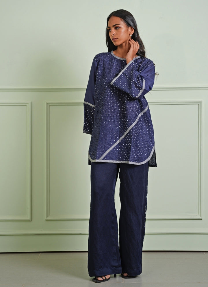 Blue Bandhani Top With Mirrorwork Palazzo