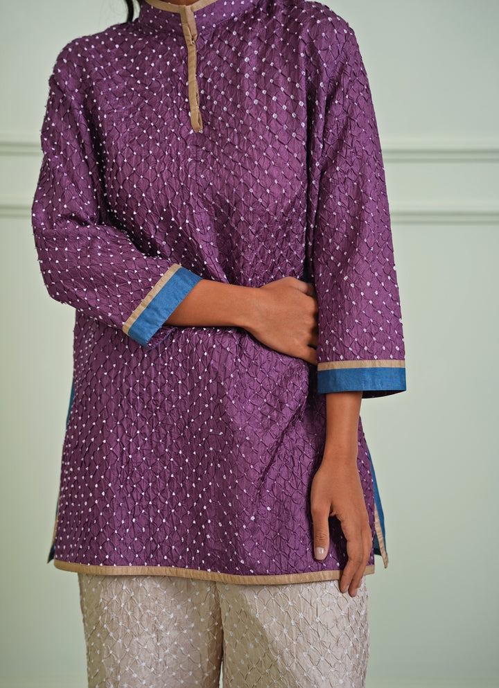 Lavender Bandhani Kurta With Beige Pants