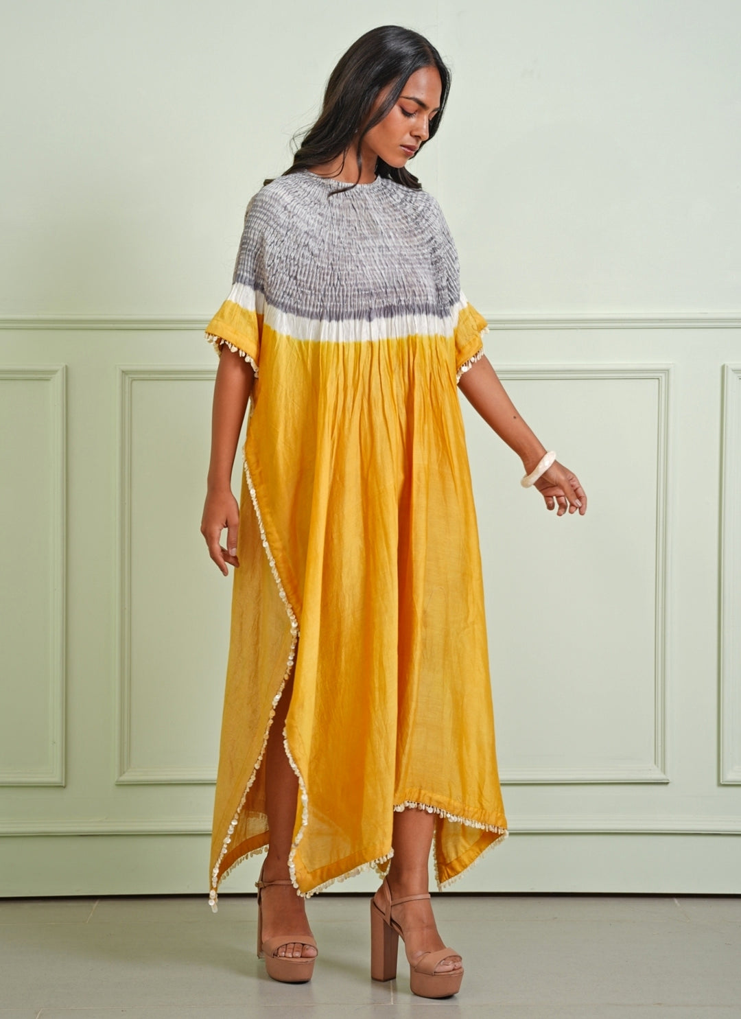 Grey And Yellow Tissue Kaftan