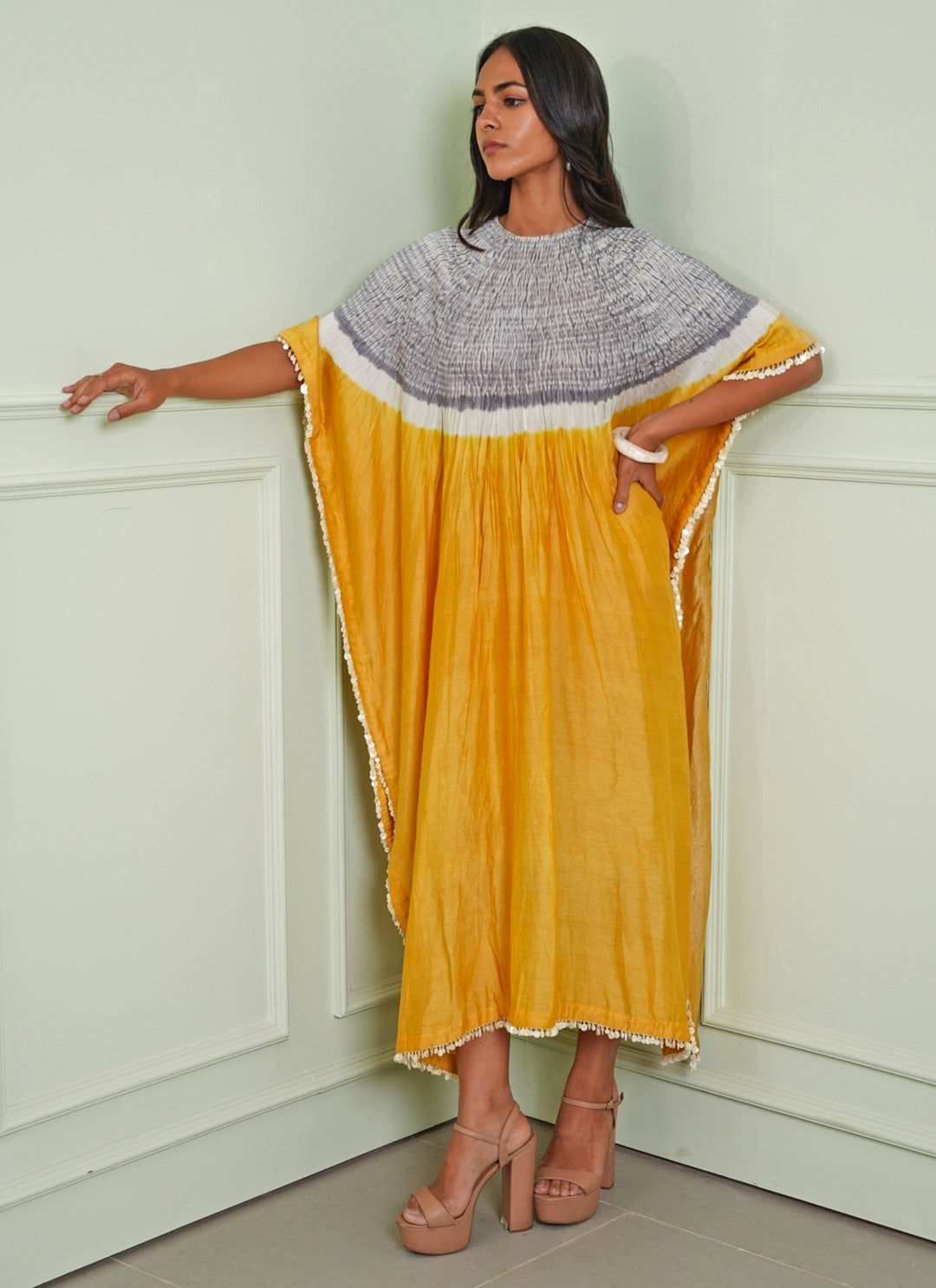Grey And Yellow Tissue Kaftan