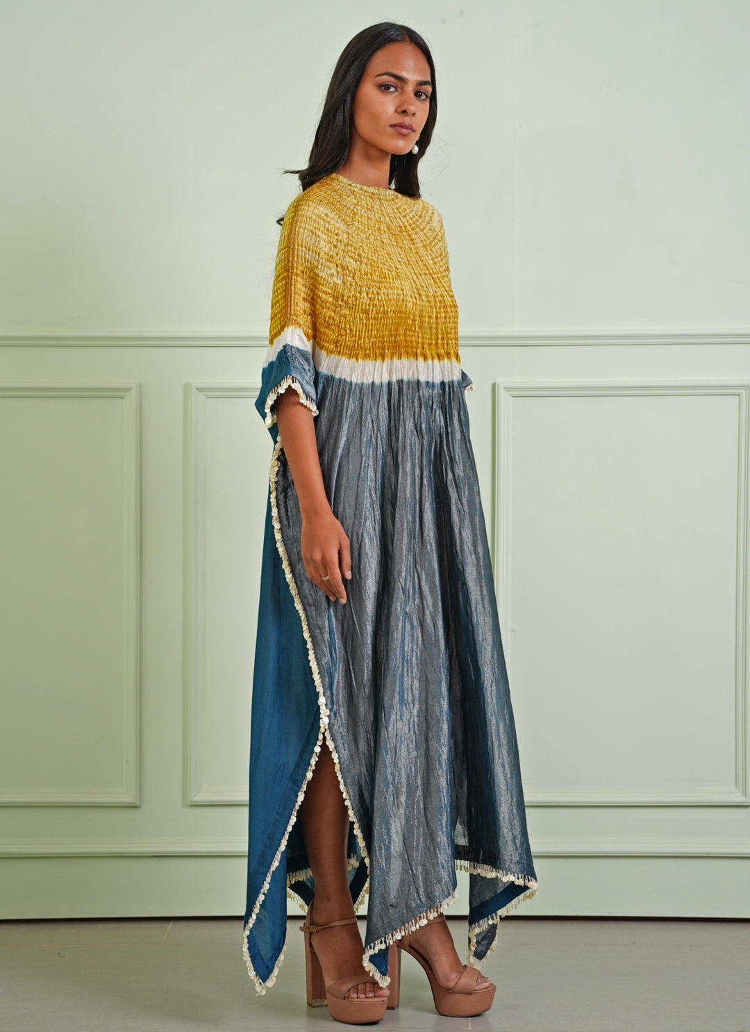 Yellow And Teal Blue Tissue  Kaftan