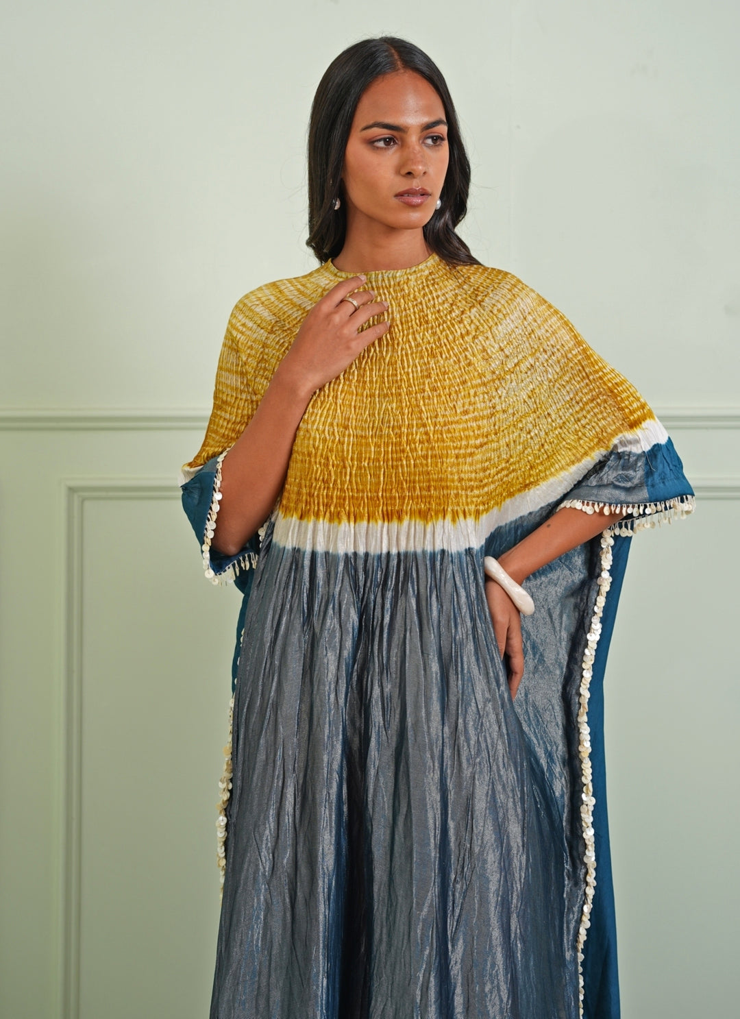 Yellow And Teal Blue Tissue  Kaftan