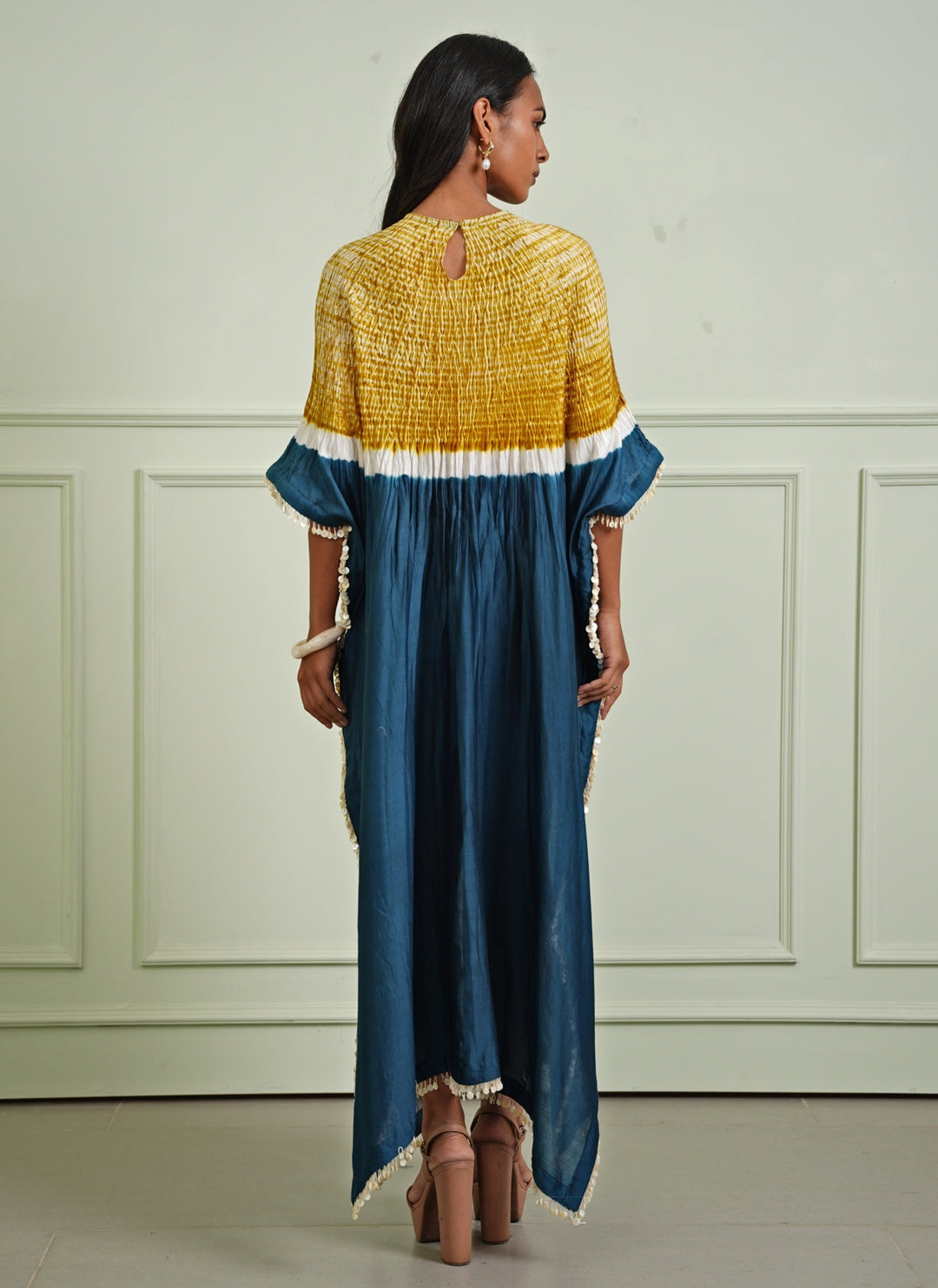 Yellow And Teal Blue Tissue  Kaftan