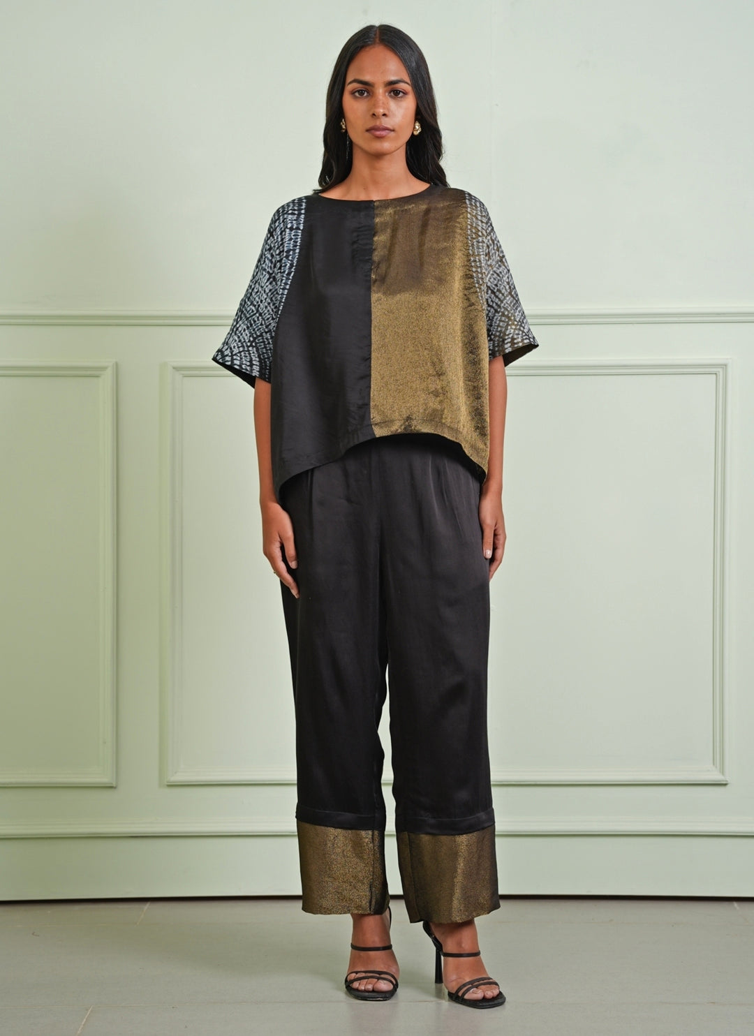 Black And Gold Tissue Crop Top With Palazzo Pants