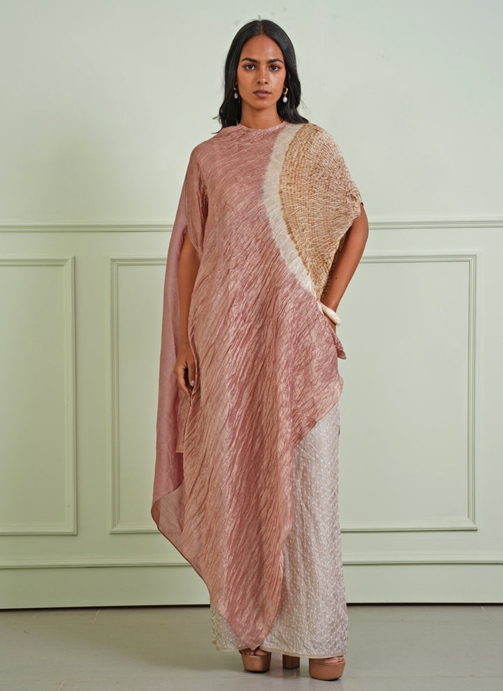 Pastel Pink Assymetric Dress With Bandhani Pants