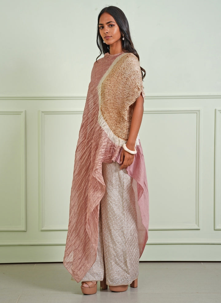 Pastel Pink Assymetric Dress With Bandhani Pants