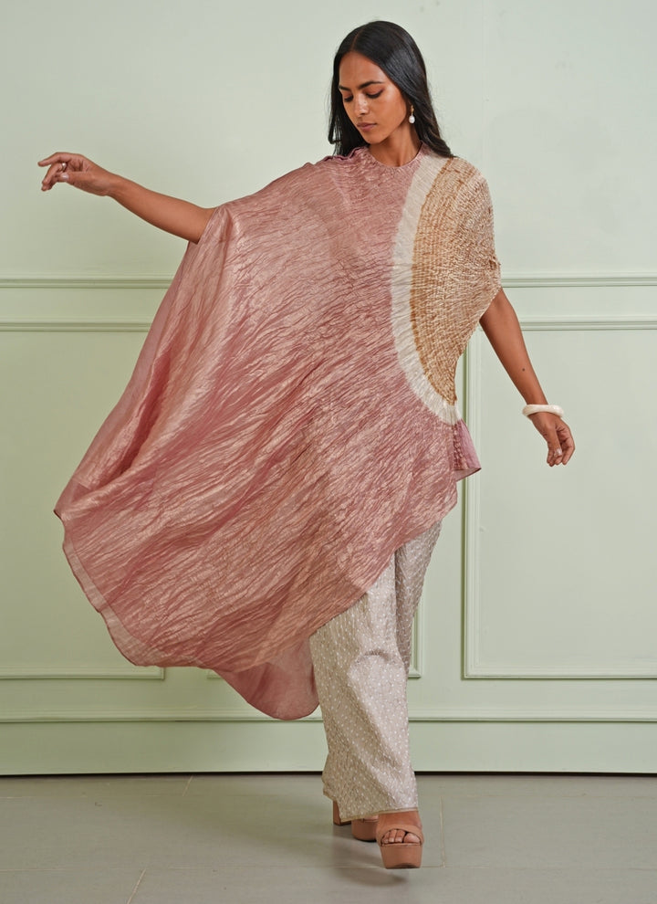 Pastel Pink Assymetric Dress With Bandhani Pants
