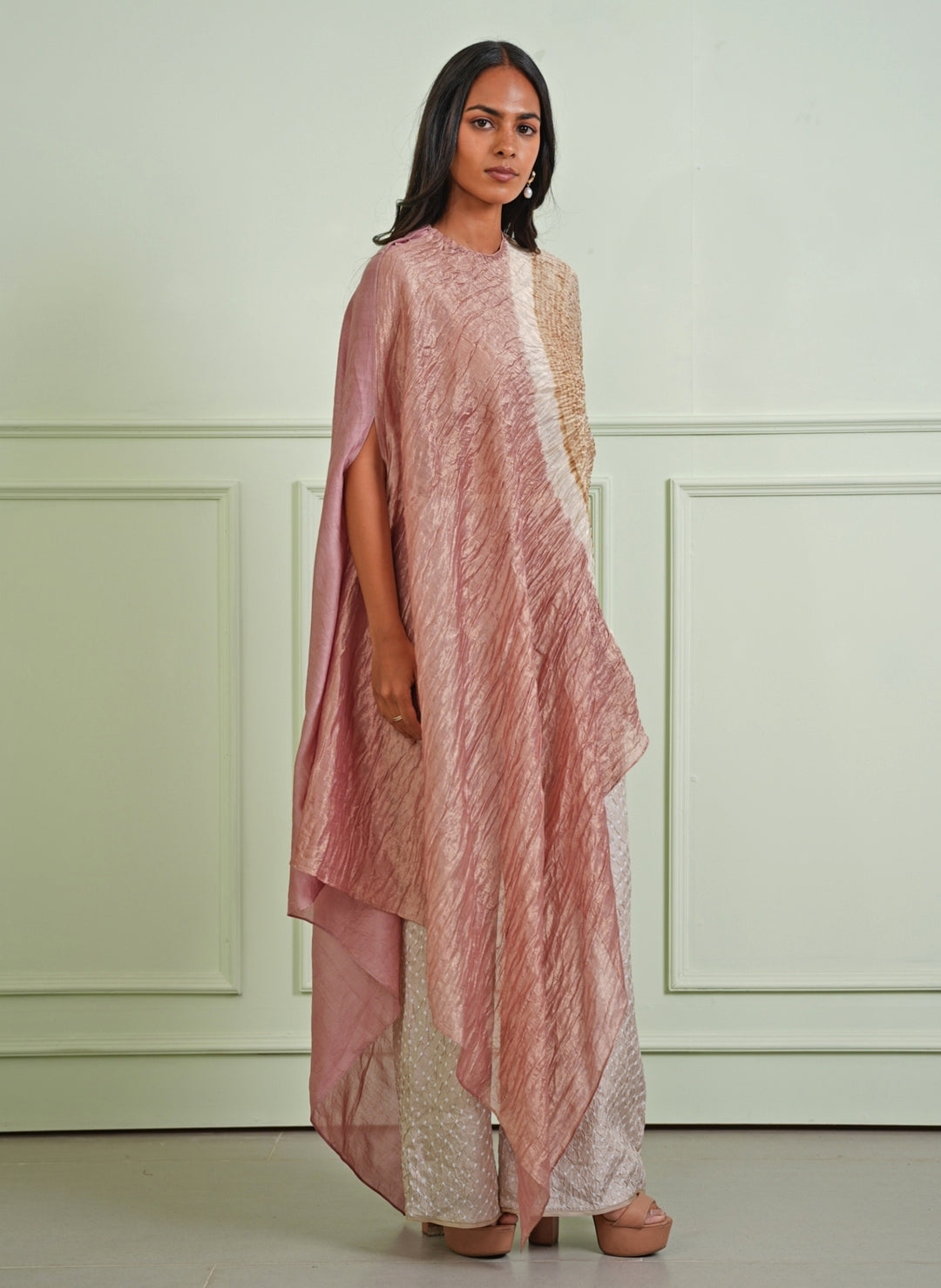 Pastel Pink Assymetric Dress With Bandhani Pants