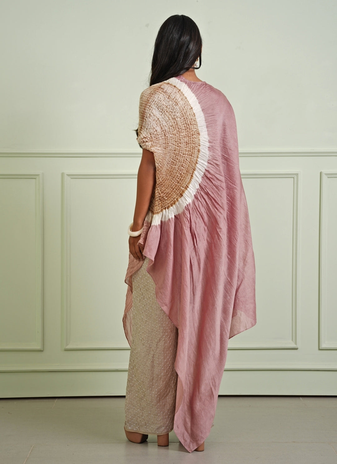 Pastel Pink Assymetric Dress With Bandhani Pants