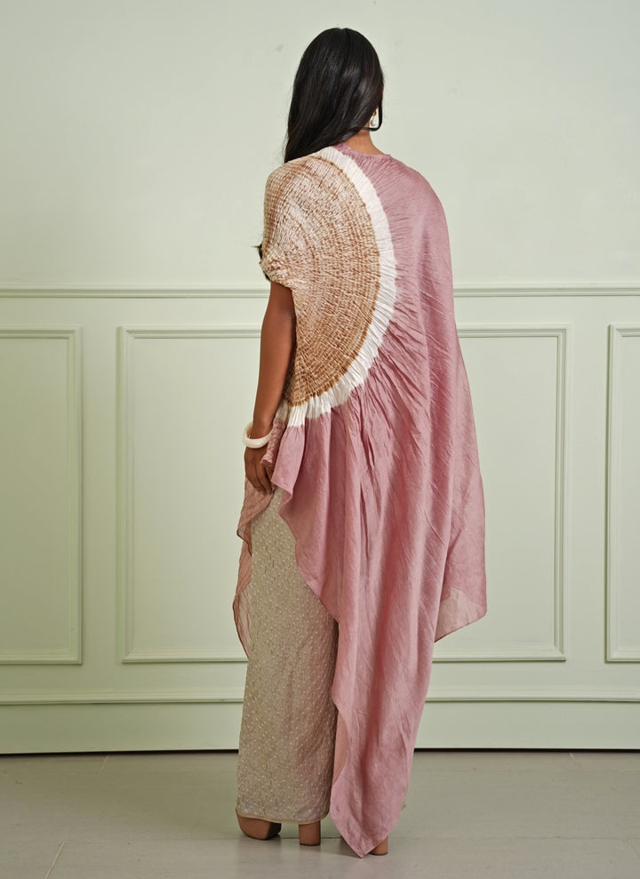 Pastel Pink Assymetric Dress With Bandhani Pants