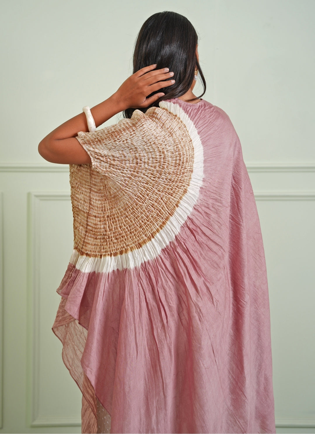 Pastel Pink Assymetric Dress With Bandhani Pants