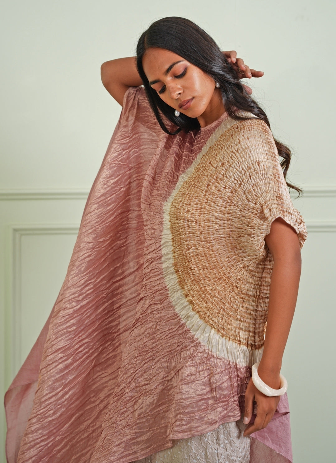 Pastel Pink Assymetric Dress With Bandhani Pants