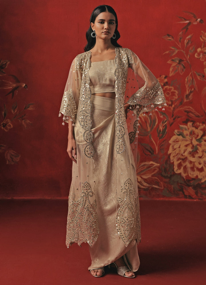 Silver Lycra Drape Skirt Set With Cape
