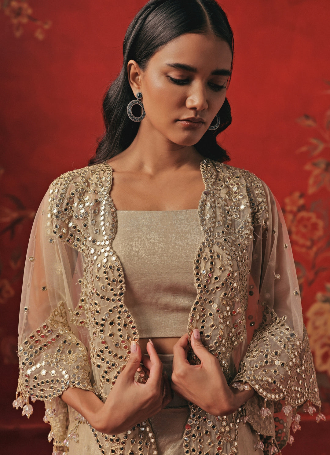 Silver Lycra Drape Skirt Set With Cape