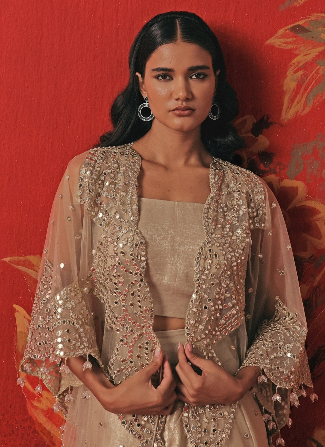 Silver Lycra Drape Skirt Set With Cape