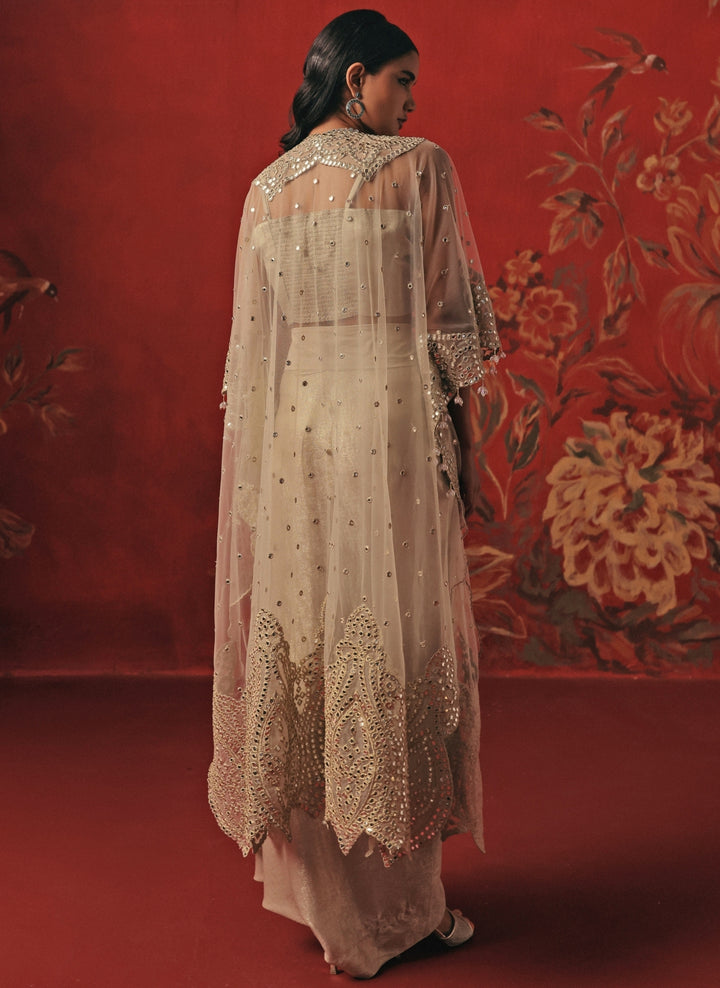 Silver Lycra Drape Skirt Set With Cape