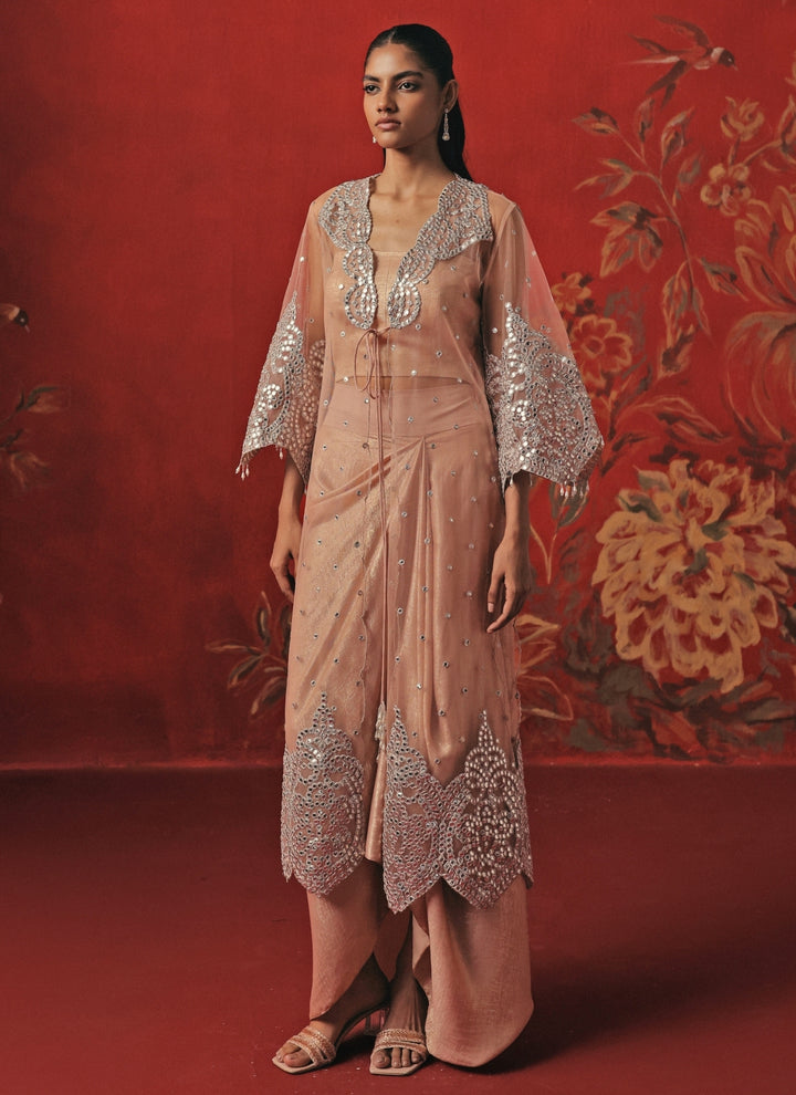 Blush Pink Lycra Drape Skirt Set With Cape