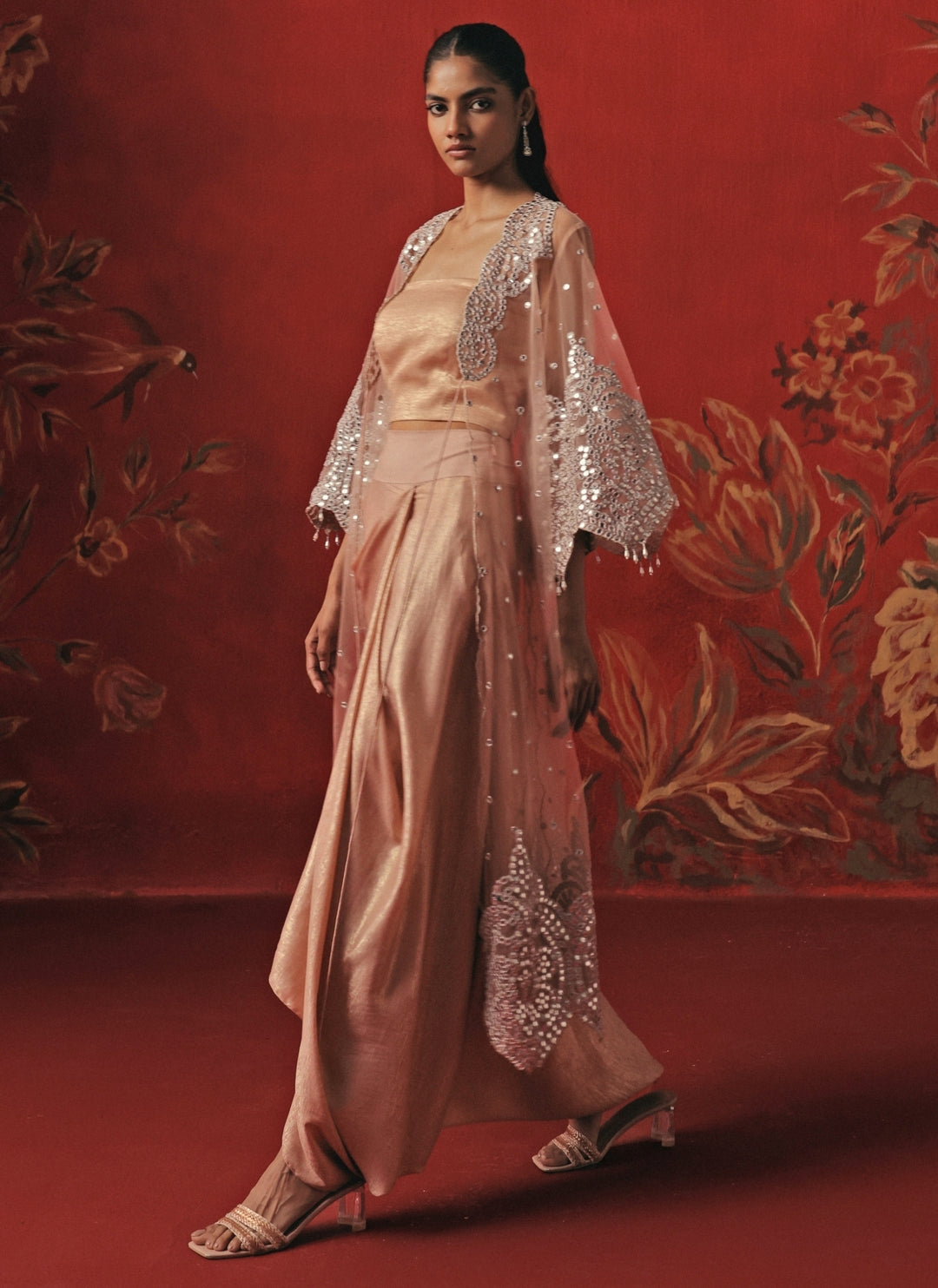 Blush Pink Lycra Drape Skirt Set With Cape