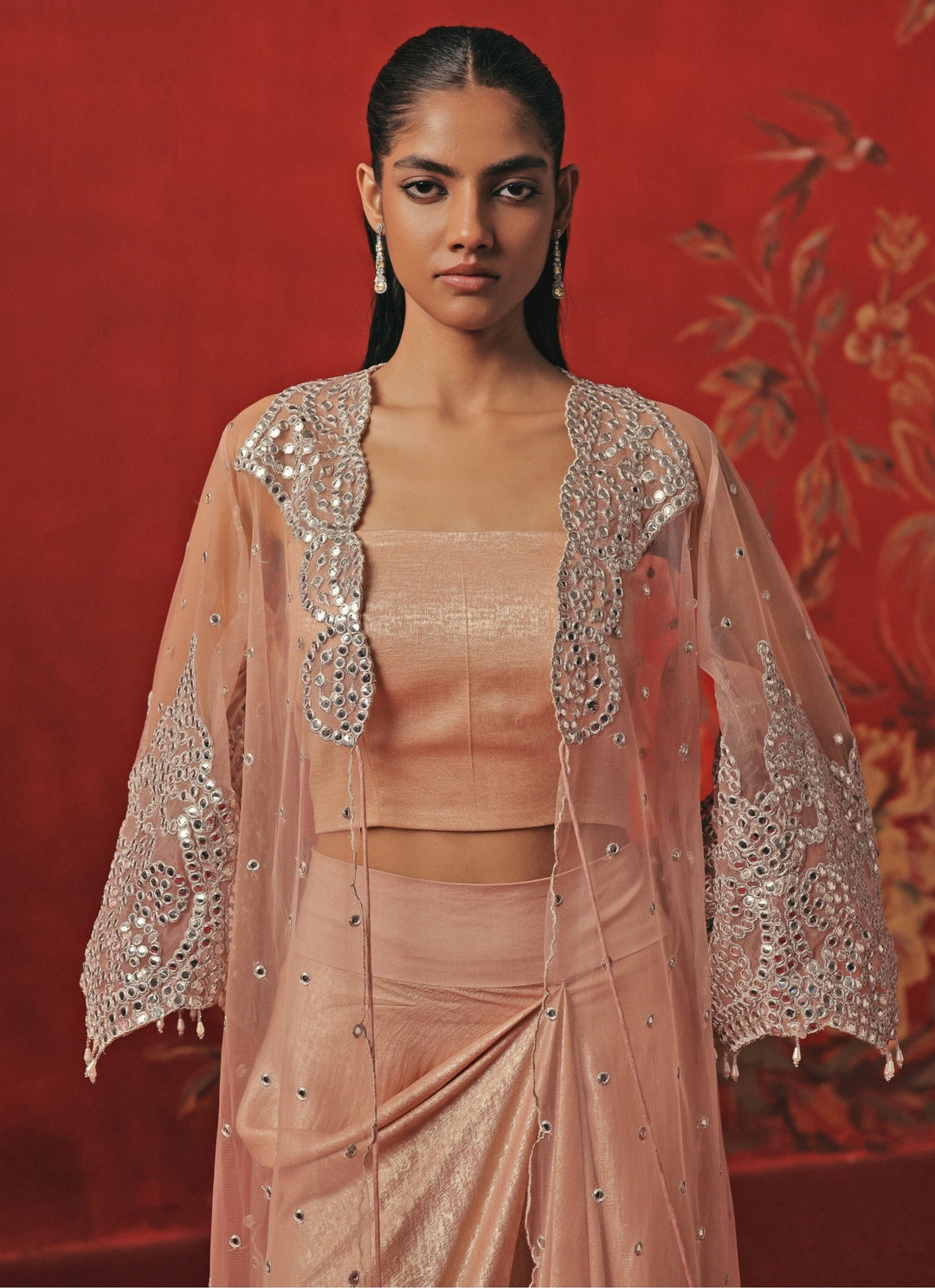 Blush Pink Lycra Drape Skirt Set With Cape
