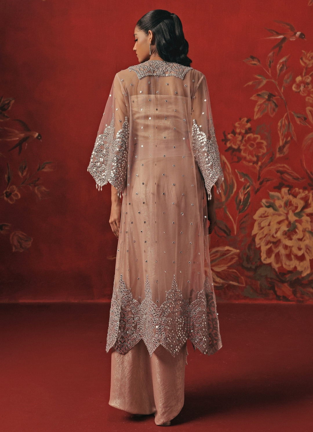 Blush Pink Lycra Drape Skirt Set With Cape