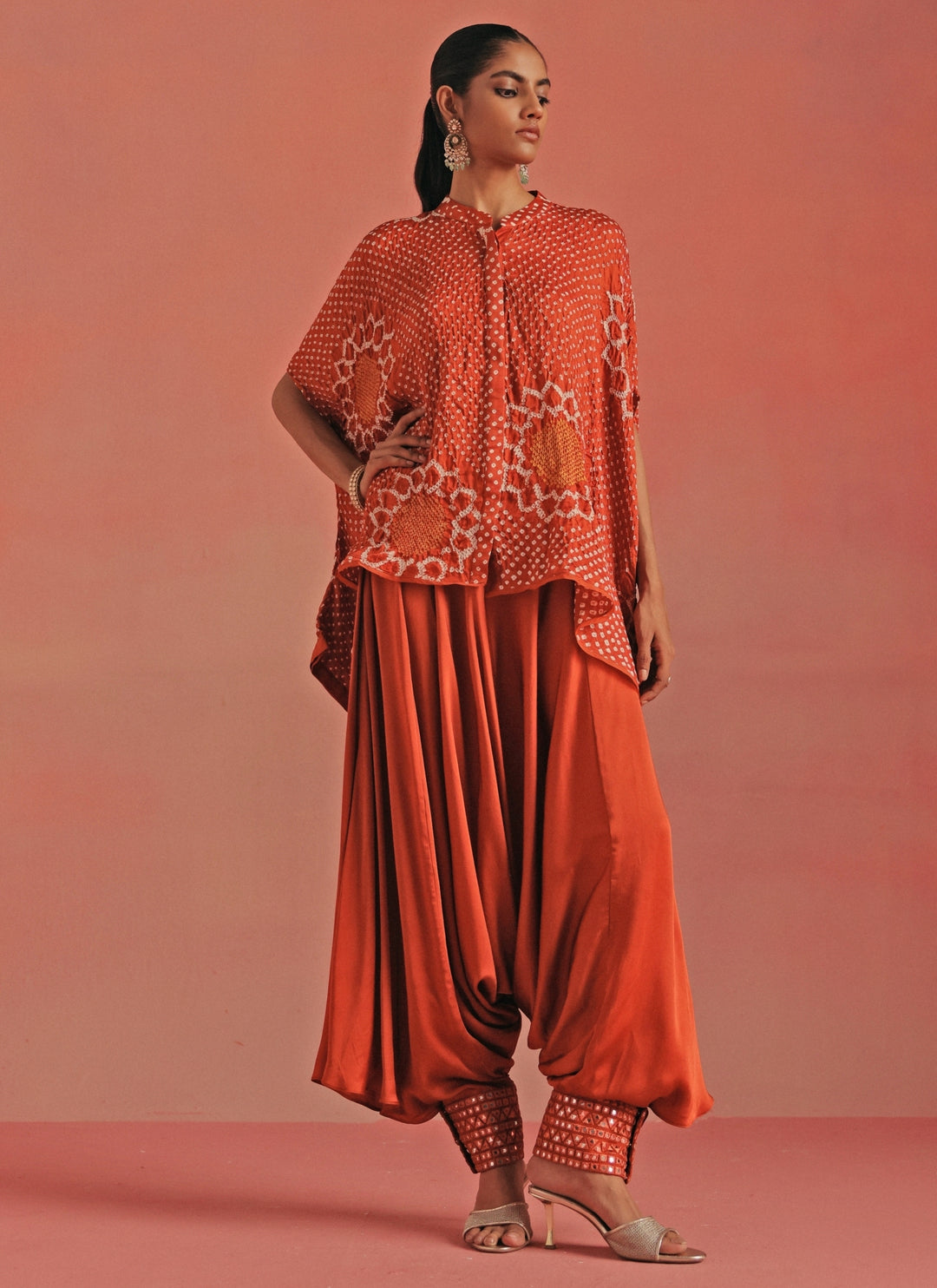 Burnt Orange Bandhani Tunic With Dhoti Set