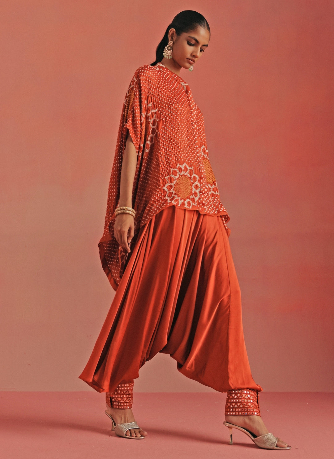 Burnt Orange Bandhani Tunic With Dhoti Set