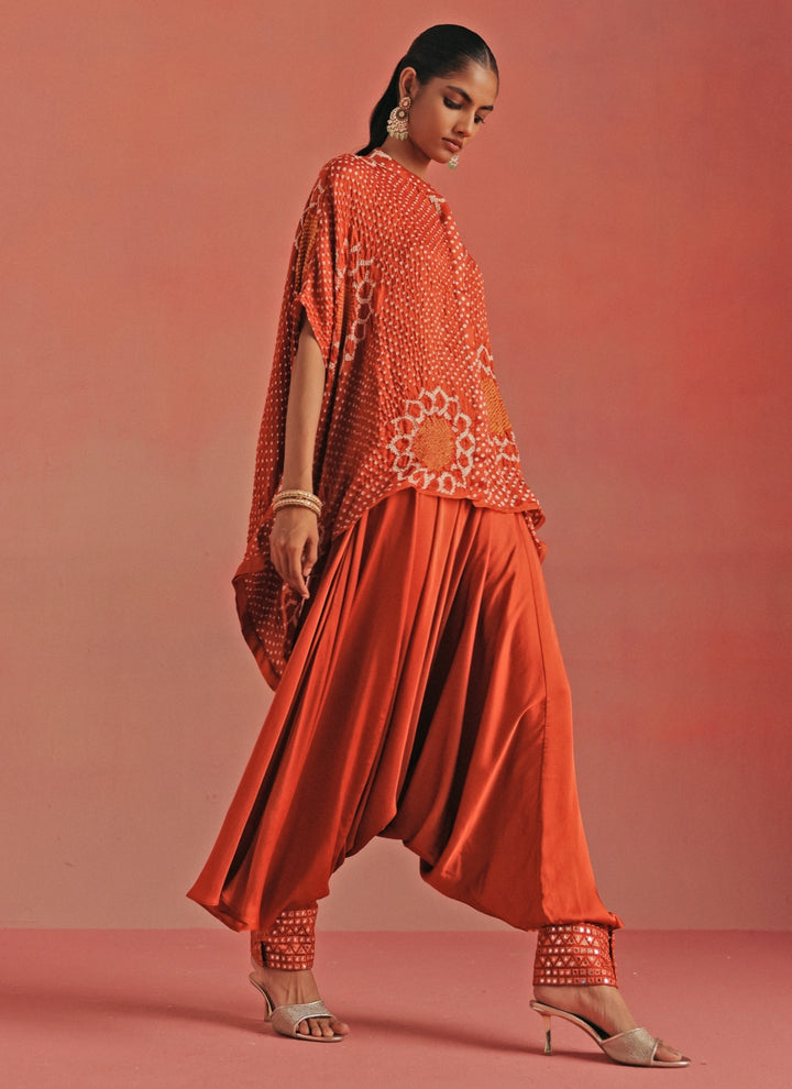 Burnt Orange Bandhani Tunic With Dhoti Set