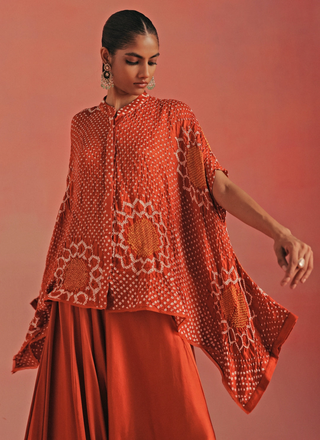 Burnt Orange Bandhani Tunic With Dhoti Set