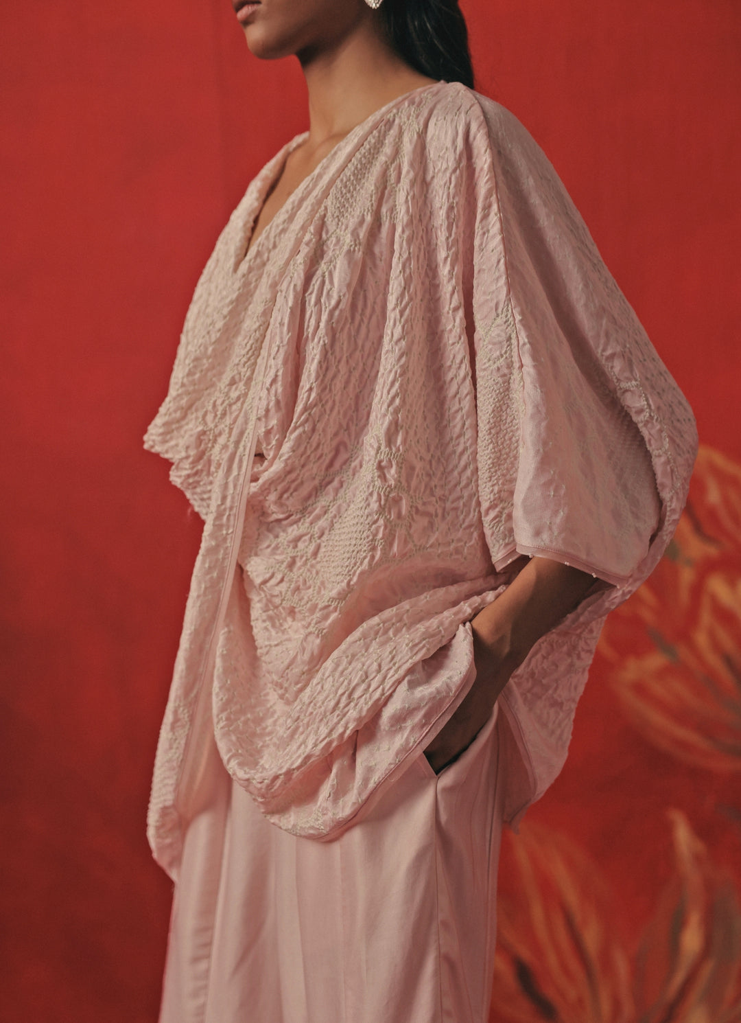 Blush Pink Bandhani Cowl Top And Pants Set