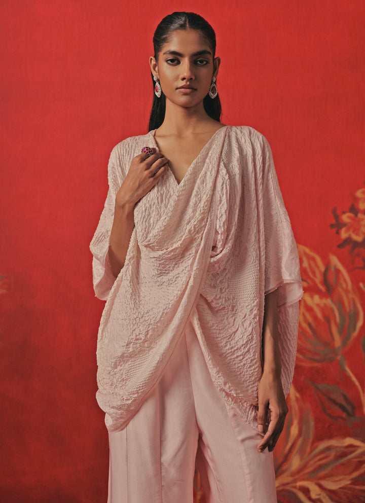 Blush Pink Bandhani Cowl Top And Pants Set