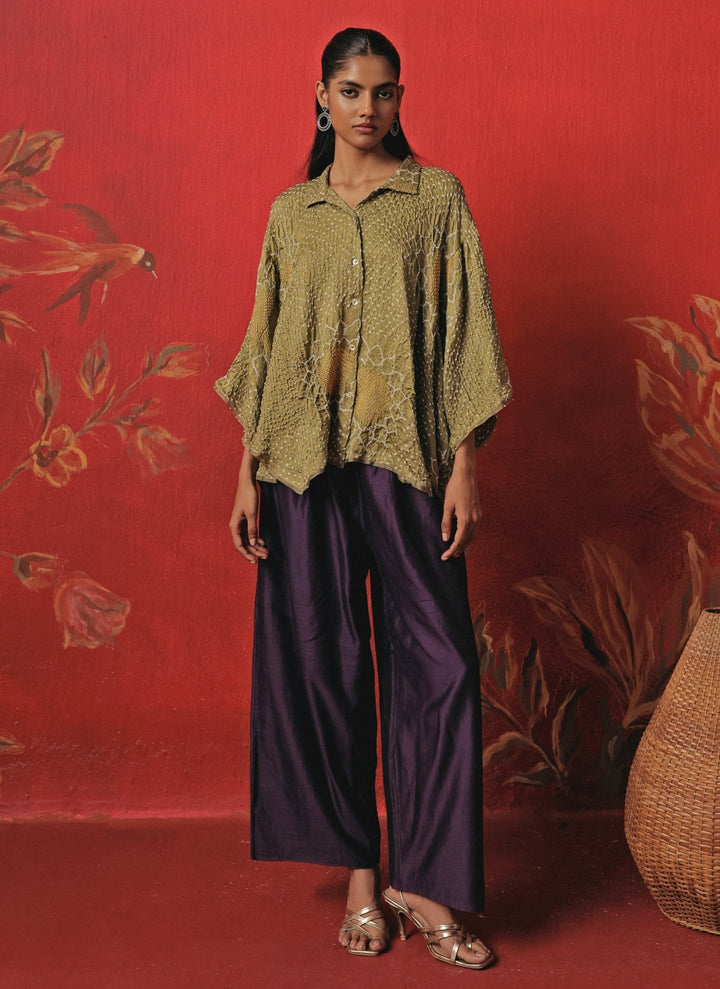 Green And Purple Bandhani Shirt And Palazzo Set