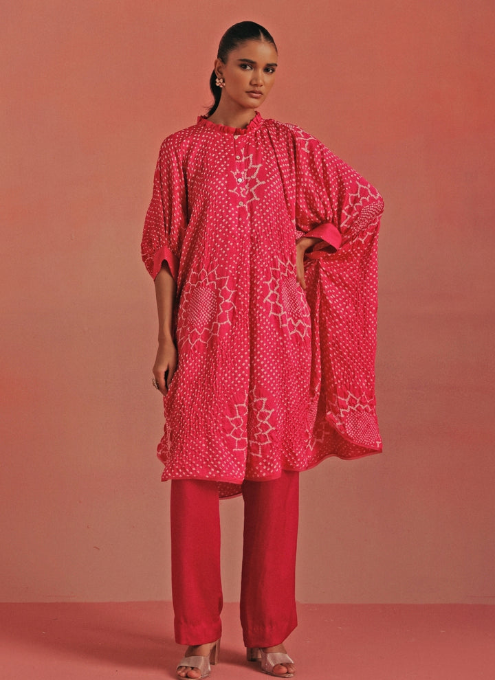 Hot Pink Bandhani Shirt Style Kurta And Pants Set