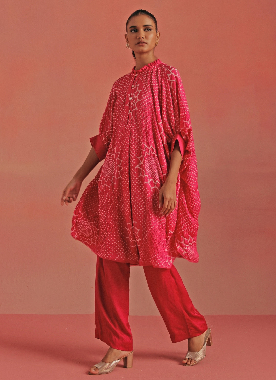 Hot Pink Bandhani Shirt Style Kurta And Pants Set