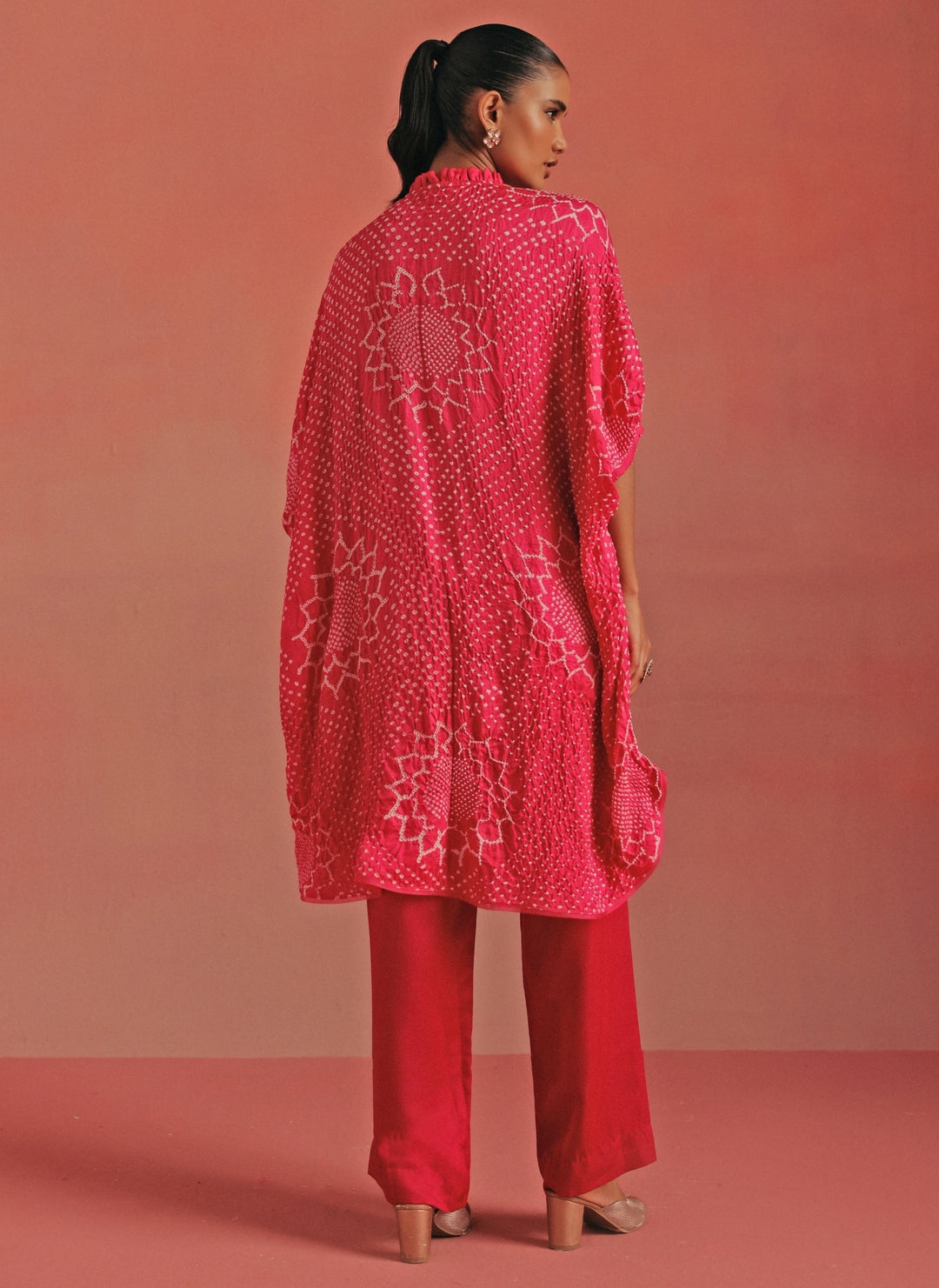 Hot Pink Bandhani Shirt Style Kurta And Pants Set