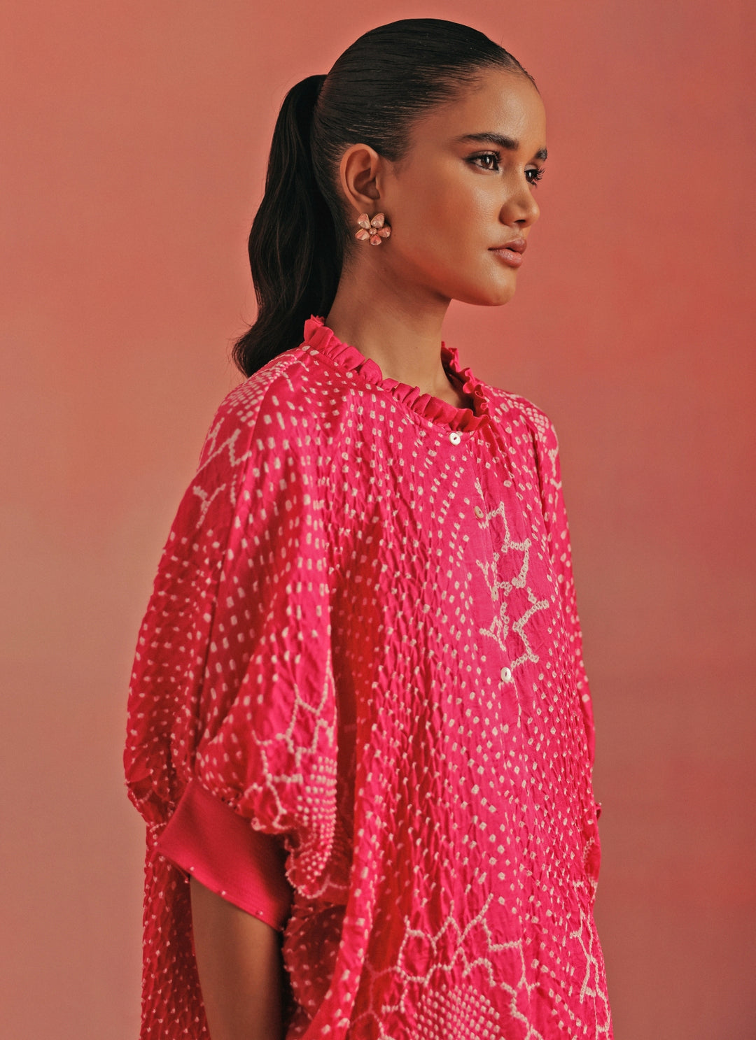 Hot Pink Bandhani Shirt Style Kurta And Pants Set