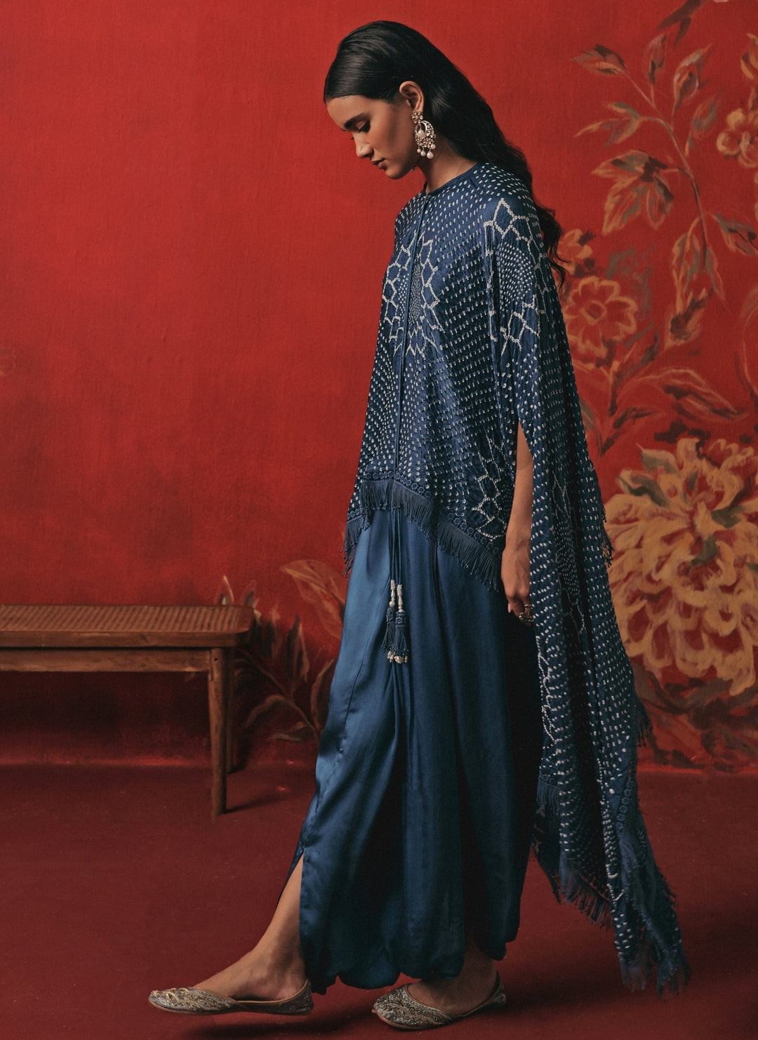Teal Blue Bandhani Top And Dhoti Set