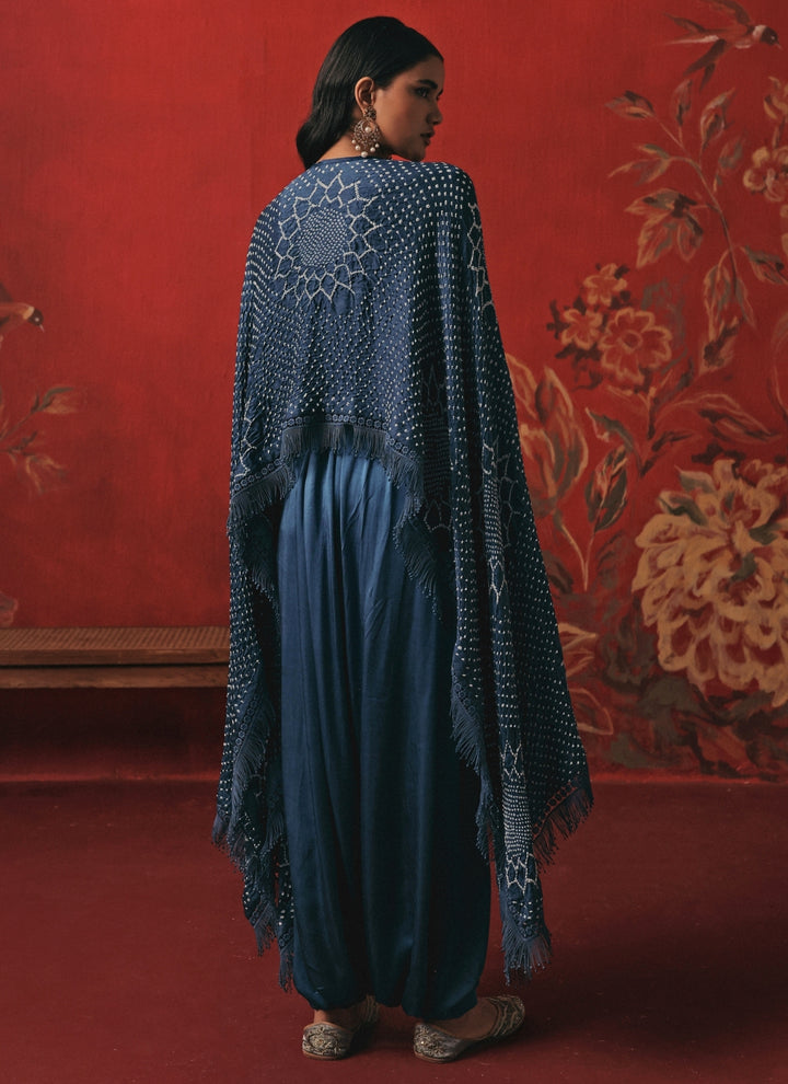 Teal Blue Bandhani Top And Dhoti Set