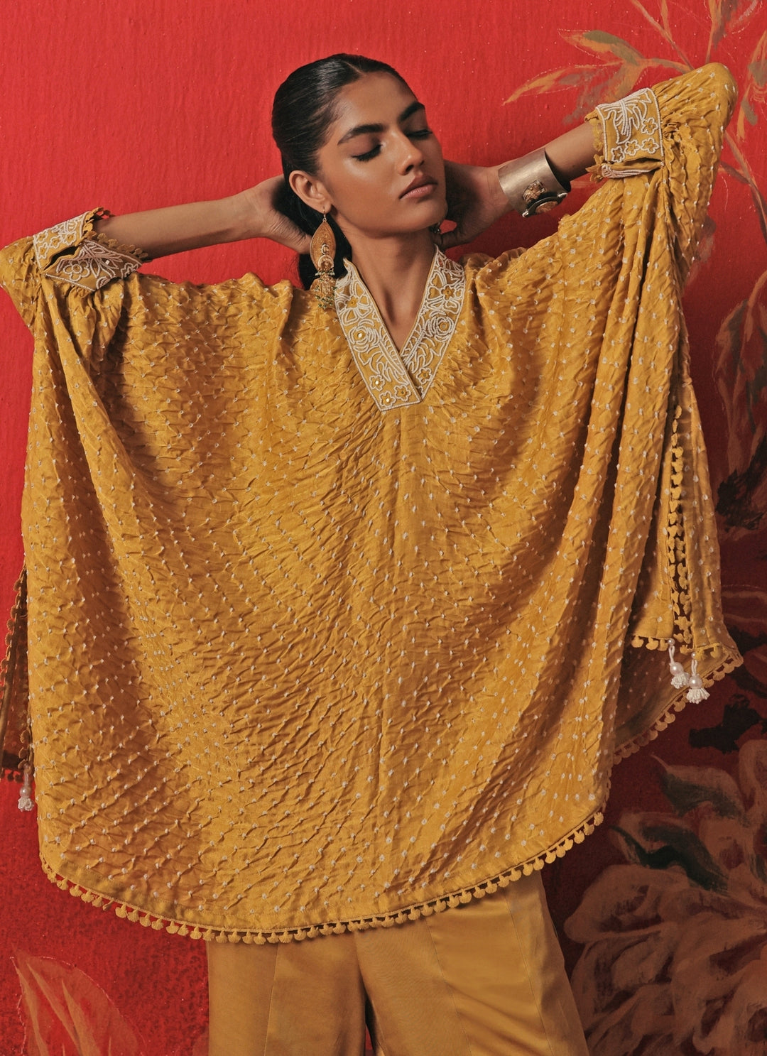 Yellow Bandhani Kaftan Pants Set